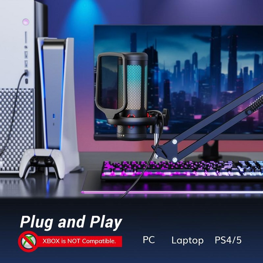 Wired Condenser Gaming USB Microphone Set (USB Type-A) with Boom Arm, RGB Lighting, Pop Filter, Quick Mute, Shock Mount, Gain Control for PC, PS4, PS5 Content Creator Live Streaming Equipment
