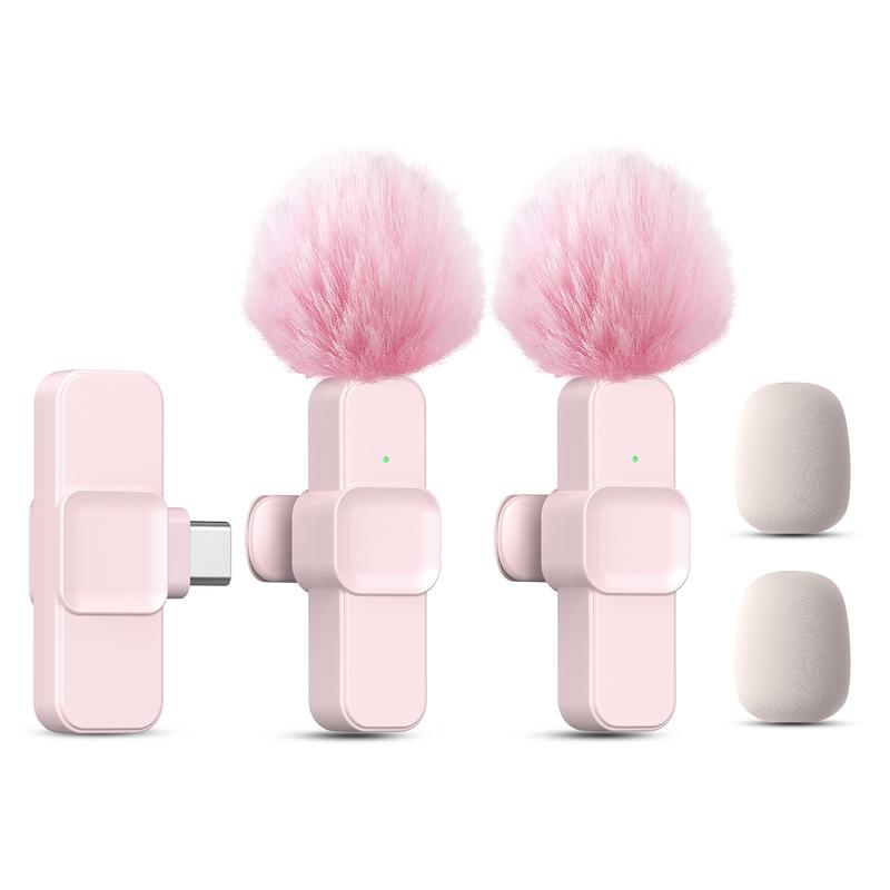 Wireless Lavalier Microphone, Plug-and-Play, Portable Mini Wireless Mic for Mobile Live Streaming/Video Recording, Pink & White, Portable Rechargeable Mic, Rechargeable Wireless Mics
