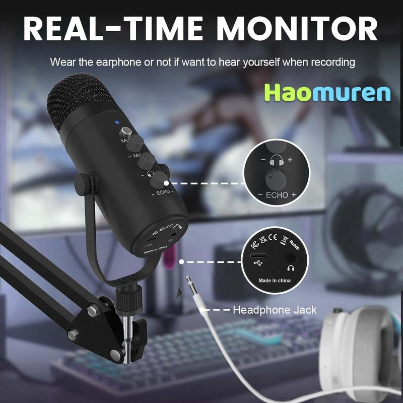 Cardioid Gaming Condenser Microphone Kit with Boom Arm, Mic Clamp, USB Audio Cable, Type-C Adapter, Mute Button, Echo Volume Gain Knob, Monitor Adjustment - 3.5mm Jack, High SPL Handling, Manual, for Phone/PC/Tablets Live Streaming, Podcast Setup