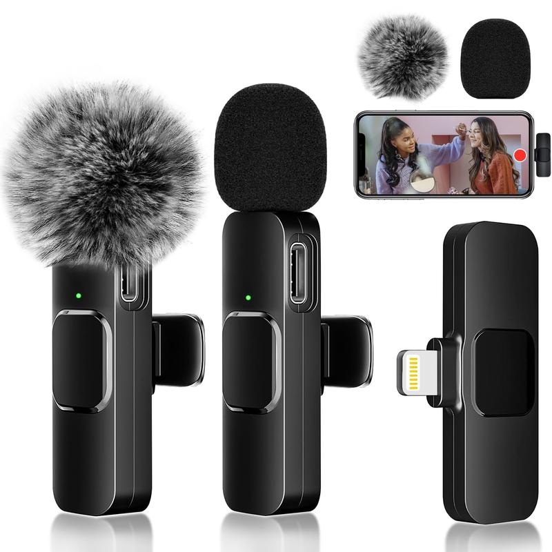 2 pcs Wireless Lavalier Microphones for iPhone, Android, iPad - Mini Wireless Clip-on Microphones Crystal Clear Sound Quality for Recording, Live Streaming,Vlog