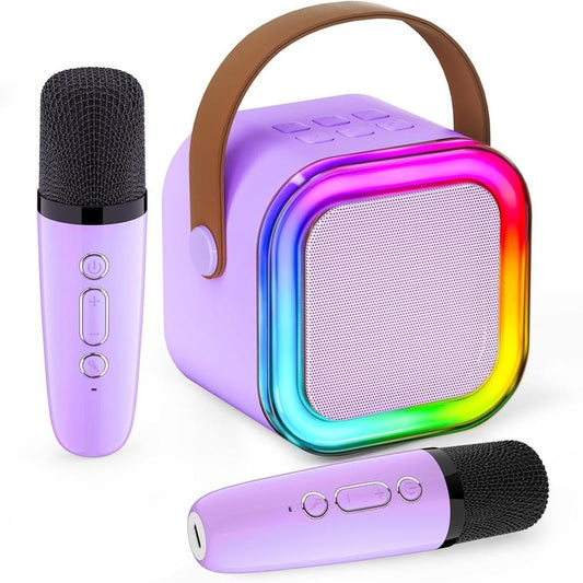 Portable Mini Home Karaoke Stereo Machine - Compact Rechargeable Bluetooth 5.0 Speaker with 2 Wireless Microphones, 5 Sound Effects, LED Lights, USB/AUX/TF, Magic Voices, 50ft Range, 6-10h Playtime, Power Bank, Toddler-Friendly for Birthday & Trips