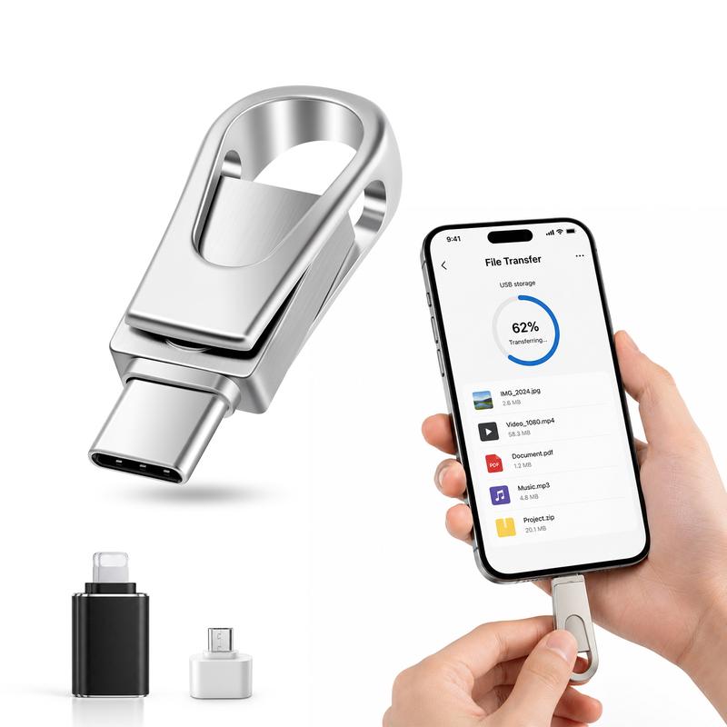 【Actual capacity】USB 3.0 Flash Drive 4-in-1 OTG Memory Stick with 64GB/128GB/256GB, USB-C & USB-A Thumb Drive with Lightning & Micro USB Adapters, Portable Keychain Data Storage for iPhone, Android, PC, Laptop & Tablet