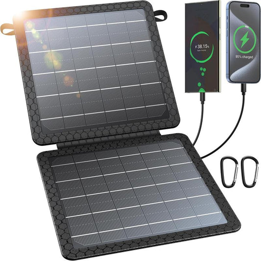 10W High-Efficiency Portable Solar Panel Charger - Foldable 7.5" Off-Grid, IPX4 Water Resistant, USB-C/USB-A Outputs for Outdoor Solar Devices, Charges Phones, Tablets, Earphones, Ideal for Hiking, Camping