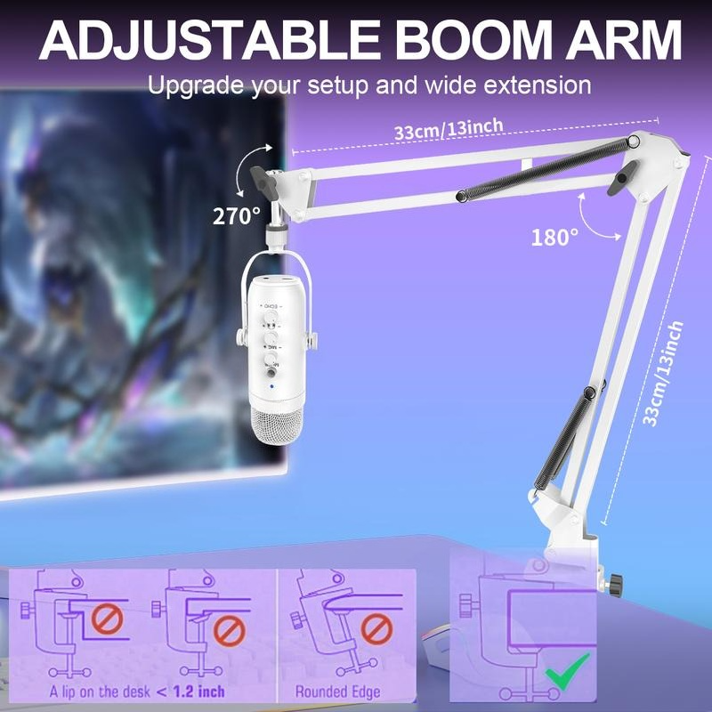 Cardioid Gaming Condenser Microphone Kit with Boom Arm, Mic Clamp, USB Audio Cable, Type-C Adapter, Mute Button, Echo Volume Gain Knob, Monitor Adjustment - 3.5mm Jack, High SPL Handling, Manual, for Phone/PC/Tablets Live Streaming, Podcast Setup