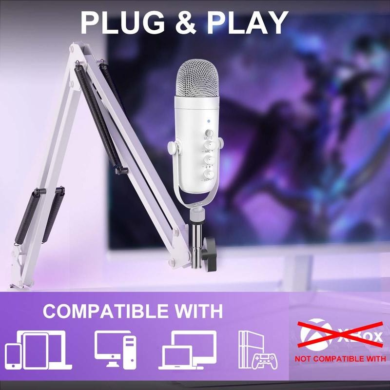 Cardioid Gaming Condenser Microphone Kit with Boom Arm, Mic Clamp, USB Audio Cable, Type-C Adapter, Mute Button, Echo Volume Gain Knob, Monitor Adjustment - 3.5mm Jack, High SPL Handling, Manual, for Phone/PC/Tablets Live Streaming, Podcast Setup