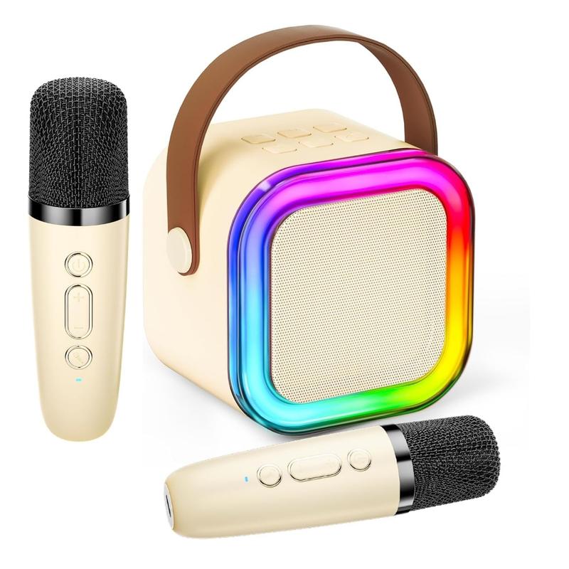 Portable Mini Home Karaoke Stereo Machine - Compact Rechargeable Bluetooth 5.0 Speaker with 2 Wireless Microphones, 5 Sound Effects, LED Lights, USB/AUX/TF, Magic Voices, 50ft Range, 6-10h Playtime, Power Bank, Toddler-Friendly for Birthday & Trips
