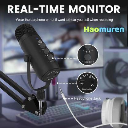 Cardioid Gaming Condenser Microphone Kit with Boom Arm, Mic Clamp, USB Audio Cable, Type-C Adapter, Mute Button, Echo Volume Gain Knob, Monitor Adjustment - 3.5mm Jack, High SPL Handling, Manual, for Phone/PC/Tablets Live Streaming, Podcast Setup