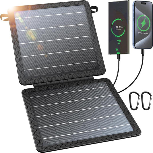 10W Foldable Camping Solar Panel - IP65 Waterproof Portable Solar Cell, 0.81lb Compact, Dual 5V/2A USB Outputs, Carabiners Included, Charges iPhone iPad Samsung for Hiking Outdoor Use
