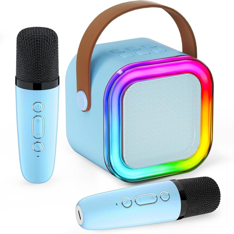 Kids Toy Mini Portable Karaoke Machine with 2 Wireless Mics, Bluetooth Speaker, 5 Voice Effects, Color Disco LED Lights, 6-10h Rechargeable Battery, TF/USB/AUX Input, Easy Operation - TV Compatible Unisex Birthday Gift for 9-10 Boys & Girls