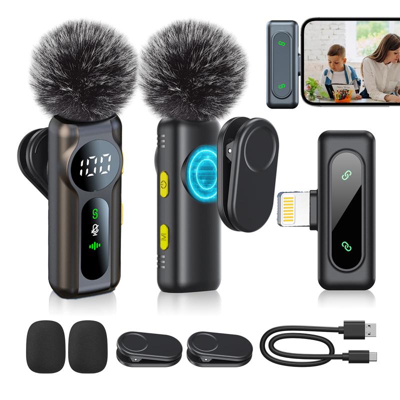 2 pcs Wireless Lavalier Microphones for iPhone, Android, iPad - Mini Wireless Clip-on Microphones Crystal Clear Sound Quality for Recording, Live Streaming,Vlog