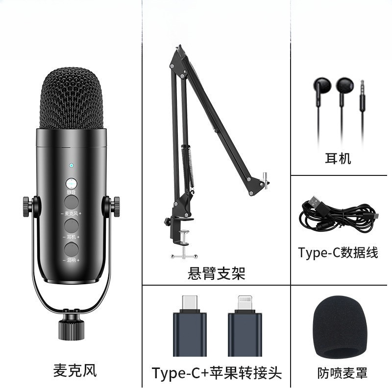 USB Condenser Microphone (No Lightning Adapter) With Noise Cancellation - Plug-and-Play for PS 4/5, iPad, Mac/Windows/Phones/PC, Vlogging Equipment with Monitor Adjust, Volume/Mic Gain Control, Mute Button, Podcast, Sing, ASMR Black Geek Gift
