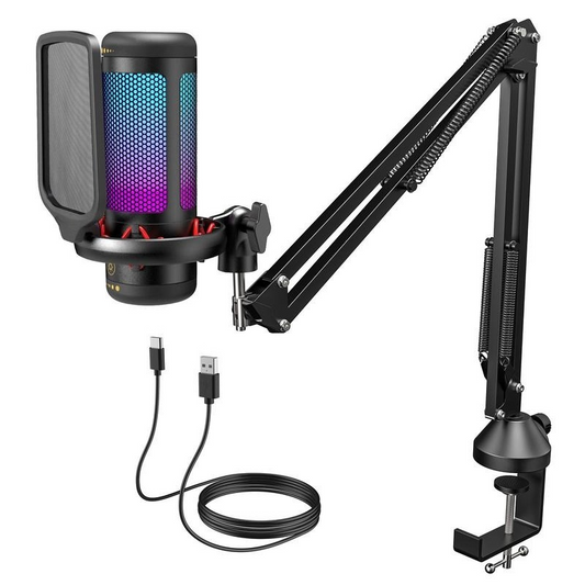 Wired Condenser Gaming USB Microphone Set (USB Type-A) with Boom Arm, RGB Lighting, Pop Filter, Quick Mute, Shock Mount, Gain Control for PC, PS4, PS5 Content Creator Live Streaming Equipment