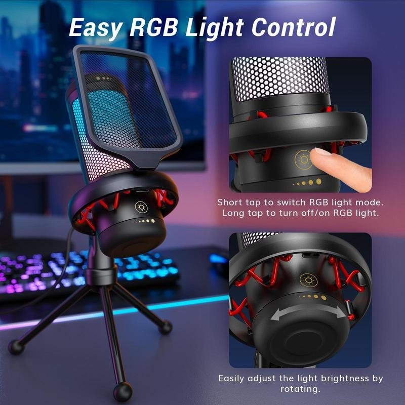 USB Condenser Streaming Gaming Microphone for PC, PS4/PS5 - RGB Lighting, Easy Sound Control, 1-Tap Mute, Mount Adapter, Recording Tools and Gadgets for Vlogging, Live Podcast Cool Gadgets Equipment, Gift Ideas