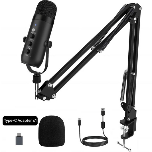 Cardioid Gaming Condenser Microphone Kit with Boom Arm, Mic Clamp, USB Audio Cable, Type-C Adapter, Mute Button, Echo Volume Gain Knob, Monitor Adjustment - 3.5mm Jack, High SPL Handling, Manual, for Phone/PC/Tablets Live Streaming, Podcast Setup
