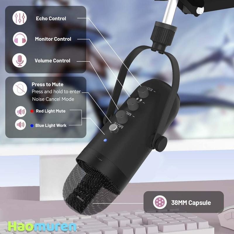 Cardioid Gaming Condenser Microphone Kit with Boom Arm, Mic Clamp, USB Audio Cable, Type-C Adapter, Mute Button, Echo Volume Gain Knob, Monitor Adjustment - 3.5mm Jack, High SPL Handling, Manual, for Phone/PC/Tablets Live Streaming, Podcast Setup